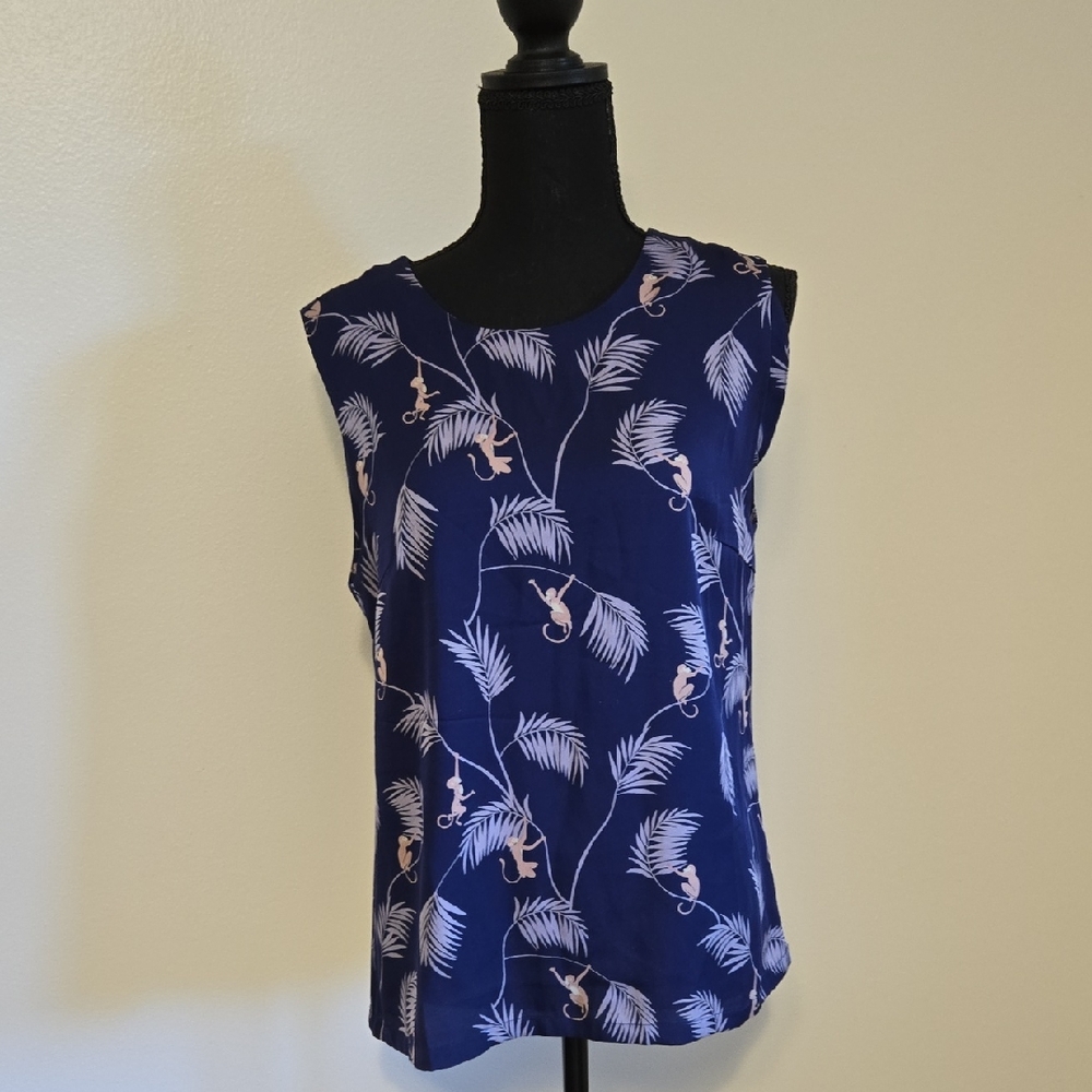 Piamita Silk Blue Tank Top with Leaf and Monkey Print